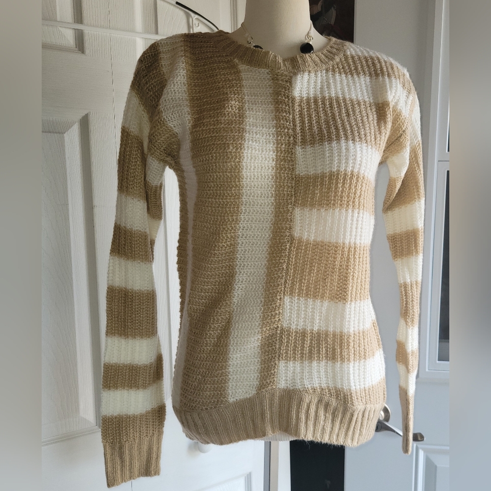 Chic Beige and White Striped Women's Sweater